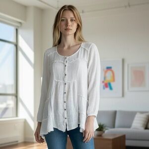 Free People Whistle While You Work White Button-Front‎ Tunic Blouse Woman's XS